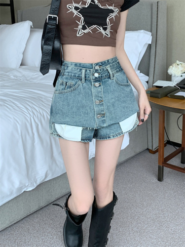 Real shot summer denim short skirt female high waist culottes hot girl tooling anti-light hakama small short pants