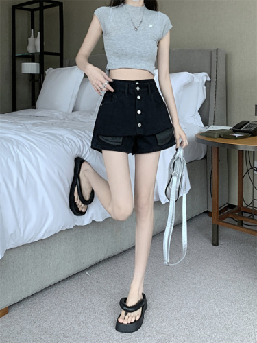 Real shot summer denim short skirt female high waist culottes hot girl tooling anti-light hakama small short pants