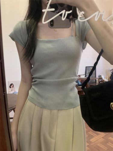 Real price summer new square collar pleated design sweater short-sleeved top with chest pad