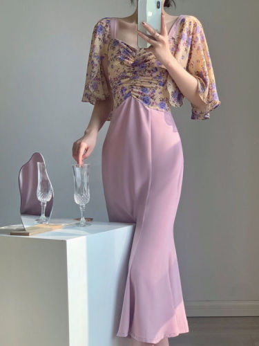 Grape Ripe Retro Ruffle Sleeves Square Neck Dress Women's Summer Floral Mosaic Mermaid Skirt