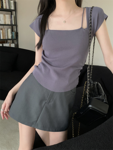Real price summer new square collar pleated design sweater short-sleeved top with chest pad