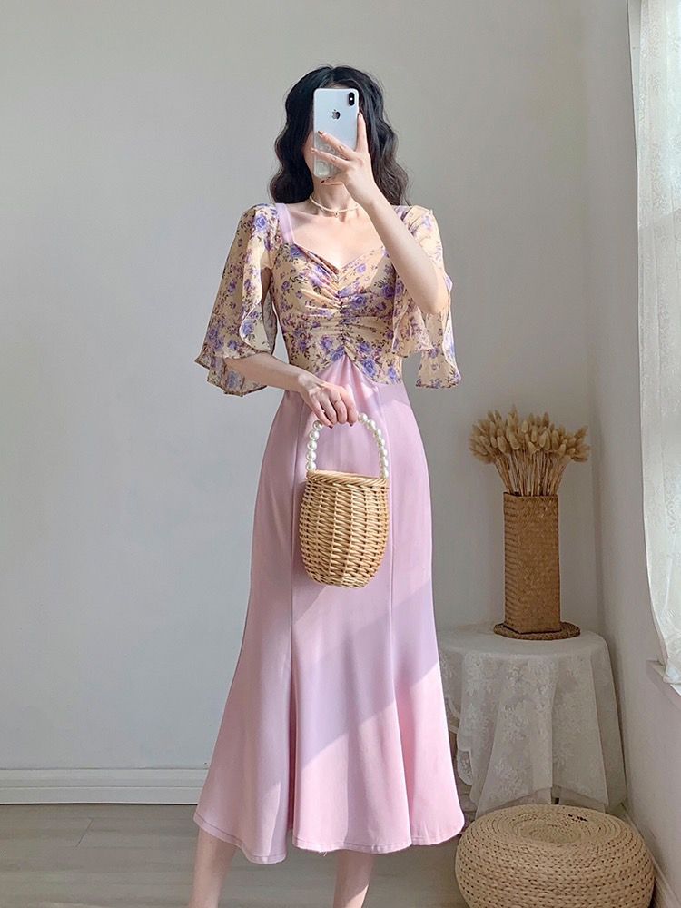Grape Ripe Retro Ruffle Sleeves Square Neck Dress Women's Summer Floral Mosaic Mermaid Skirt