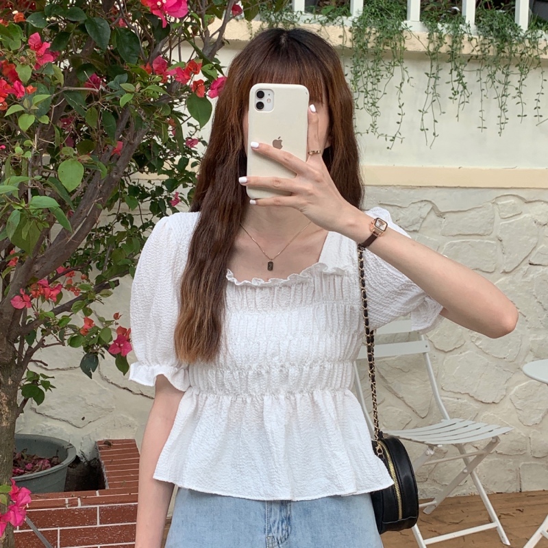 Real shot Chiffon shirt women's summer 2023 new design sense niche puff sleeve waist square collar short section