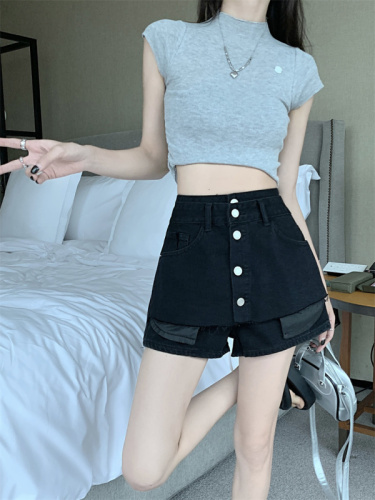 Real shot summer denim short skirt female high waist culottes hot girl tooling anti-light hakama small short pants