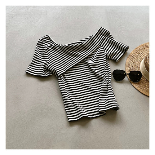 Real shot~Design sense strapless short-sleeved striped T-shirt female  summer temperament self-cultivation niche sloping shoulder top