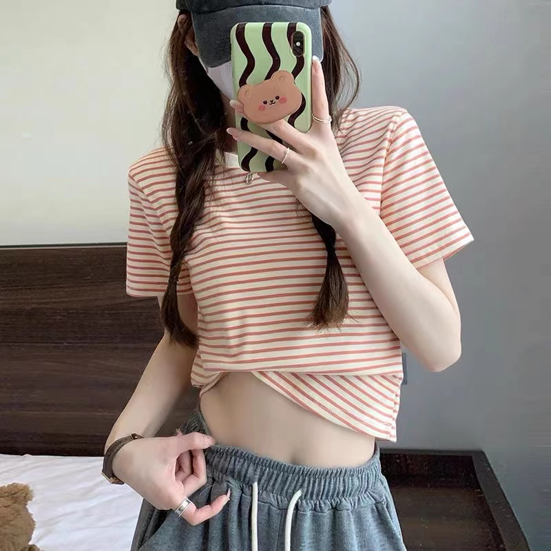 Cotton-like thread 90 polyester 10 spandex college wind small slim fit short striped round neck short-sleeved T-shirt for women