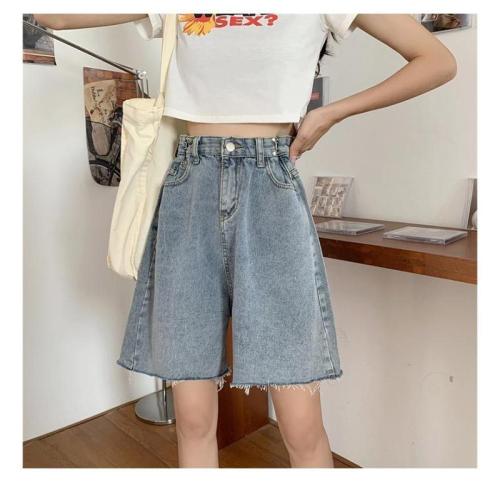 Summer new denim shorts women's Korean version straight loose high waist slim pants wide leg five point pants trendy