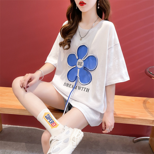 The first real shot of 65 cotton pull frame design sense short-sleeved T-shirt women's summer thin section new style love loose large size top