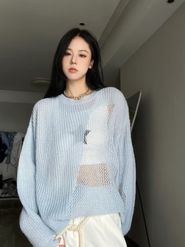 Blue Hollow Sweater Jacket Women's Spring and Autumn Loose Outerwear Lazy Wind Versatile Smock Hole Knitwear Tops