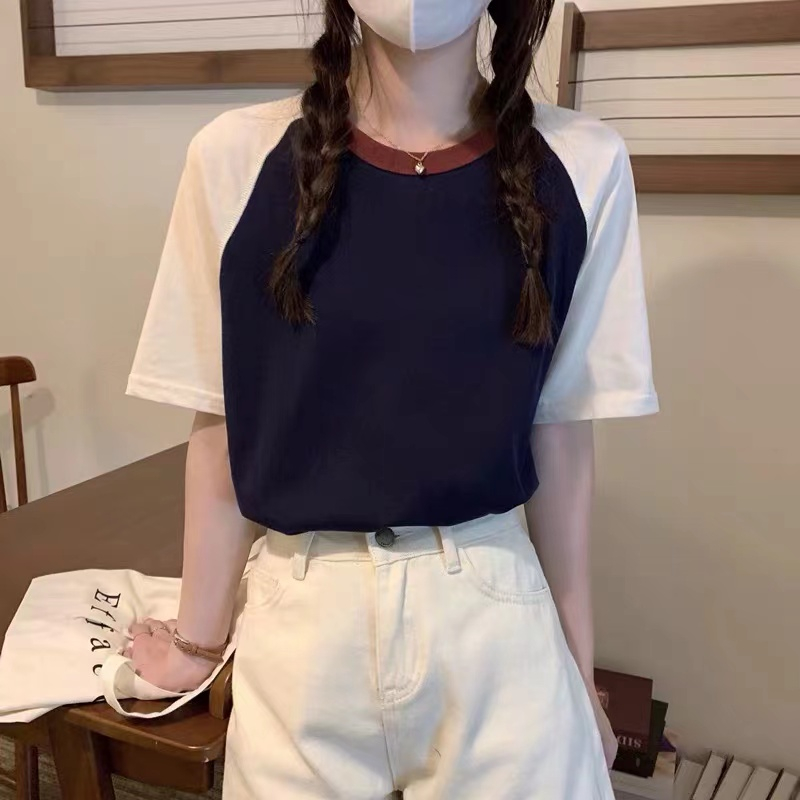 65/35 cotton short-sleeved raglan t-shirt women's summer 2023 new design sense Japanese loose half-sleeved front shoulder top