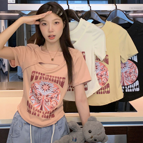 Large size hot girl front shoulder short-sleeved t-shirt women's summer 2023 new small crowd fat MM American style giant thin short top