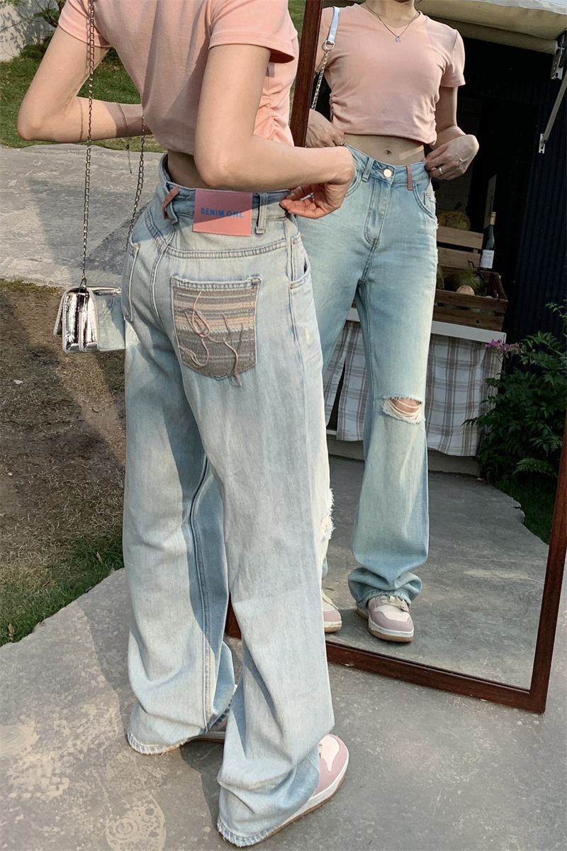 Real shot Light blue high-waisted wide-leg jeans women's spring and summer loose drape all-match straight-leg mopping pants