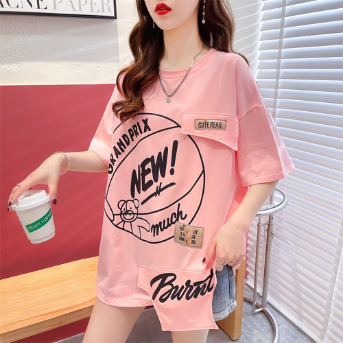 The first real shot of 65 cotton pull frame design short-sleeved T-shirt women's summer thin section 2023 new loose large size top