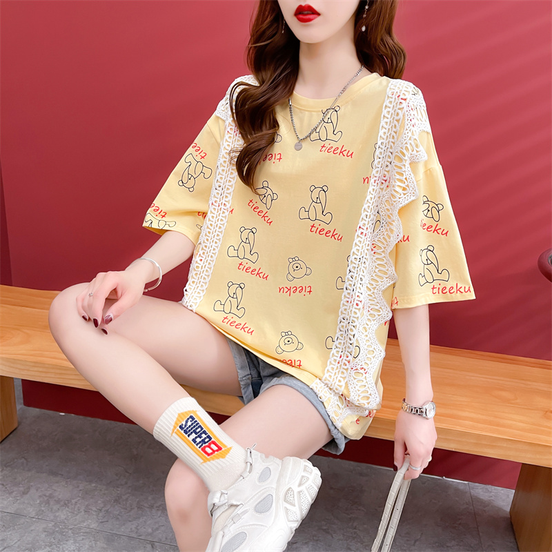 The first real shot of 65 cotton pull frame bear short-sleeved T-shirt women's summer thin section 2023 new loose large size top