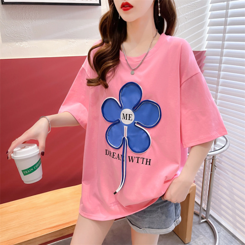 The first real shot of 65 cotton pull frame design sense short-sleeved T-shirt women's summer thin section new style love loose large size top