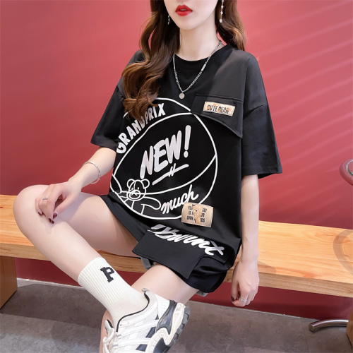 The first real shot of 65 cotton pull frame design short-sleeved T-shirt women's summer thin section 2023 new loose large size top