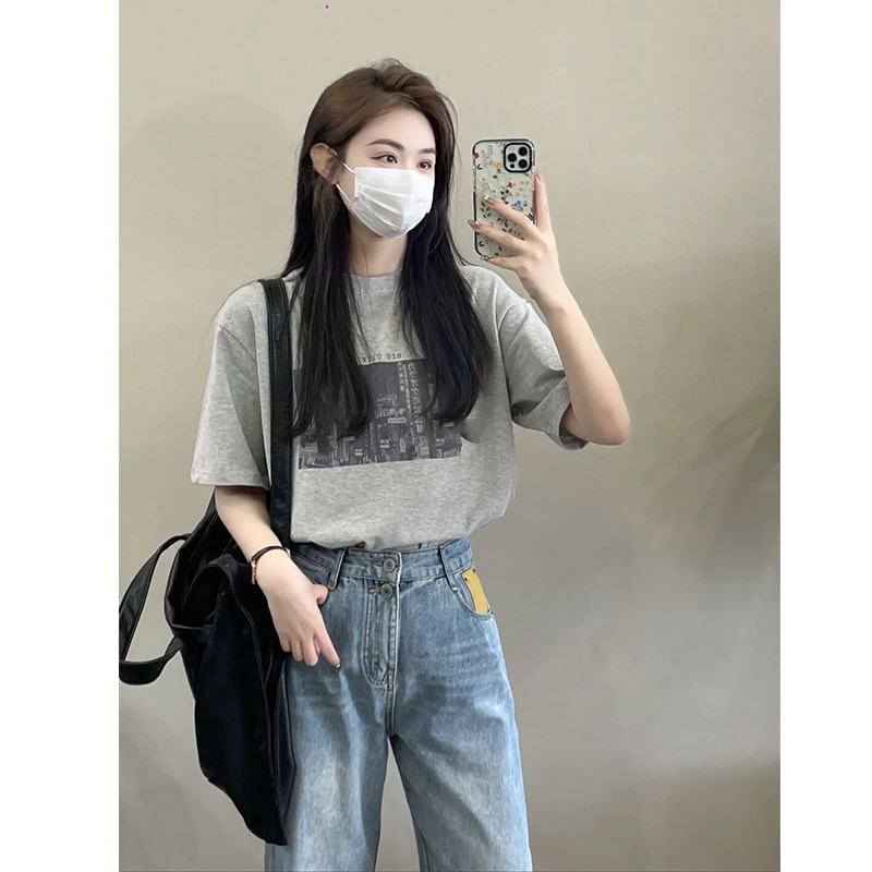 Gray cotton printed short-sleeved t-shirt for women 2024 summer new style small loose round neck top T-shirt ins trend