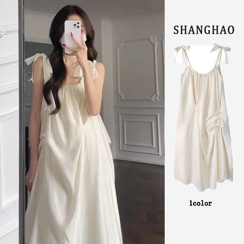 Seaside vacation white sling French dress Sanya travel wear fairy dress summer 2023 new