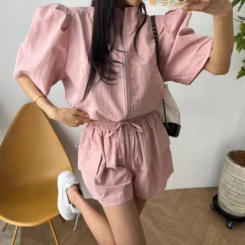 Korean solid color thin stand collar casual short-sleeved sun protection jacket + shorts set