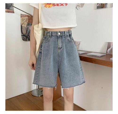Summer new denim shorts women's Korean version straight loose high waist slim pants wide leg five point pants trendy