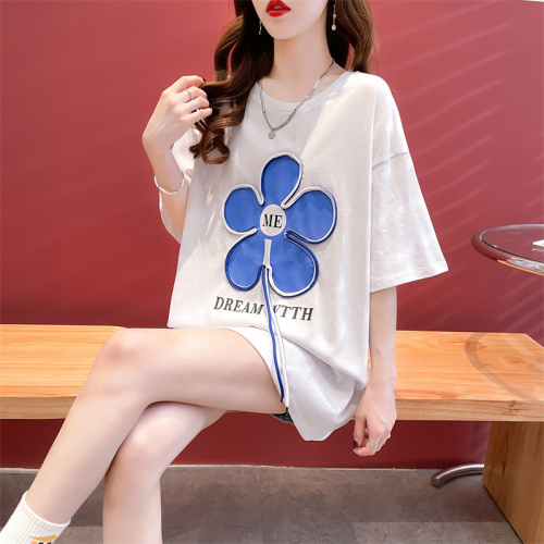 The first real shot of 65 cotton pull frame design sense short-sleeved T-shirt women's summer thin section new style love loose large size top