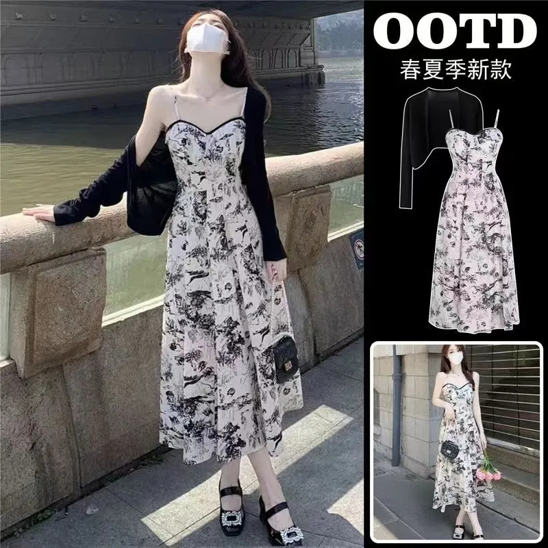 Xiaoxiangfeng retro floral suspender skirt suit 2023 spring and summer new cardigan slim dress two-piece set female
