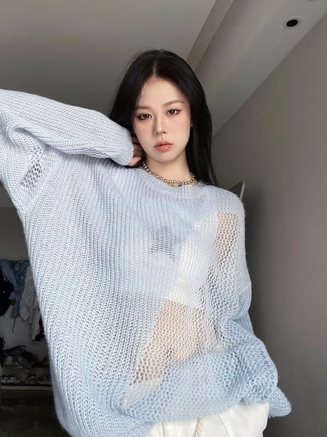 Blue Hollow Sweater Jacket Women's Spring and Autumn Loose Outerwear Lazy Wind Versatile Smock Hole Knitwear Tops