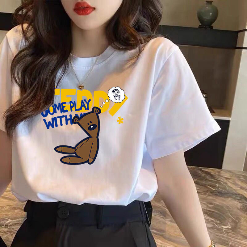 Real price pure cotton wrap collar 2023 summer new 200g pure cotton shoulder strip loose print short-sleeved t-shirt