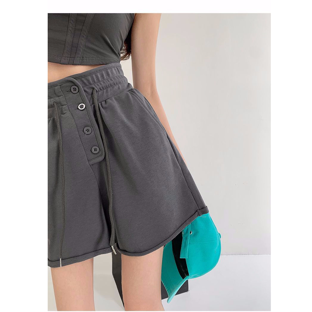 Official picture 2023 summer new style high waist thin breasted button design sense niche wide leg casual sports shorts tide