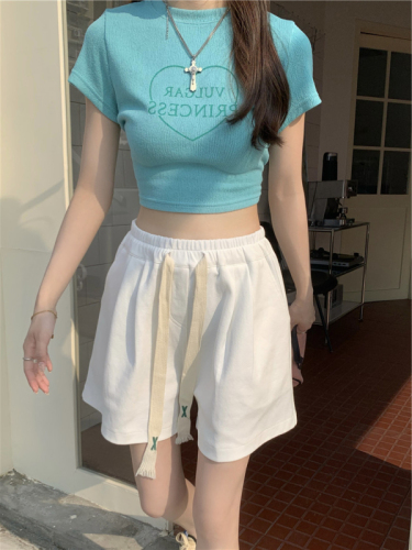 Elastic waist outerwear sports wide-leg shorts female summer Korean version  new high waist solid color casual pants