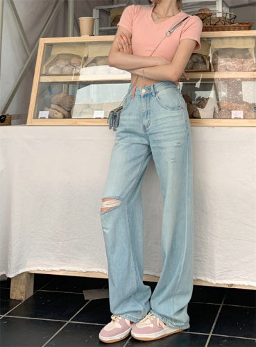 Real shot Light blue high-waisted wide-leg jeans women's spring and summer loose drape all-match straight-leg mopping pants