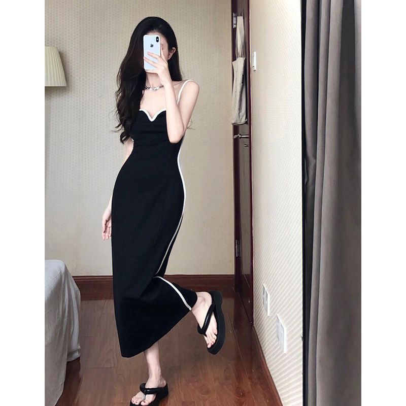 Spice girl suspender dress women's summer design sense niche hit color white edge waist slim sexy mid-length skirt