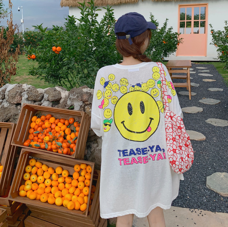 Real shot-thin pullover sunscreen long-sleeved t-shirt women's summer loose mid-length smiley face round neck top