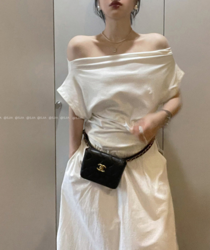 Real price French elegant one-shoulder pleated loose cotton T-shirt 3 colors