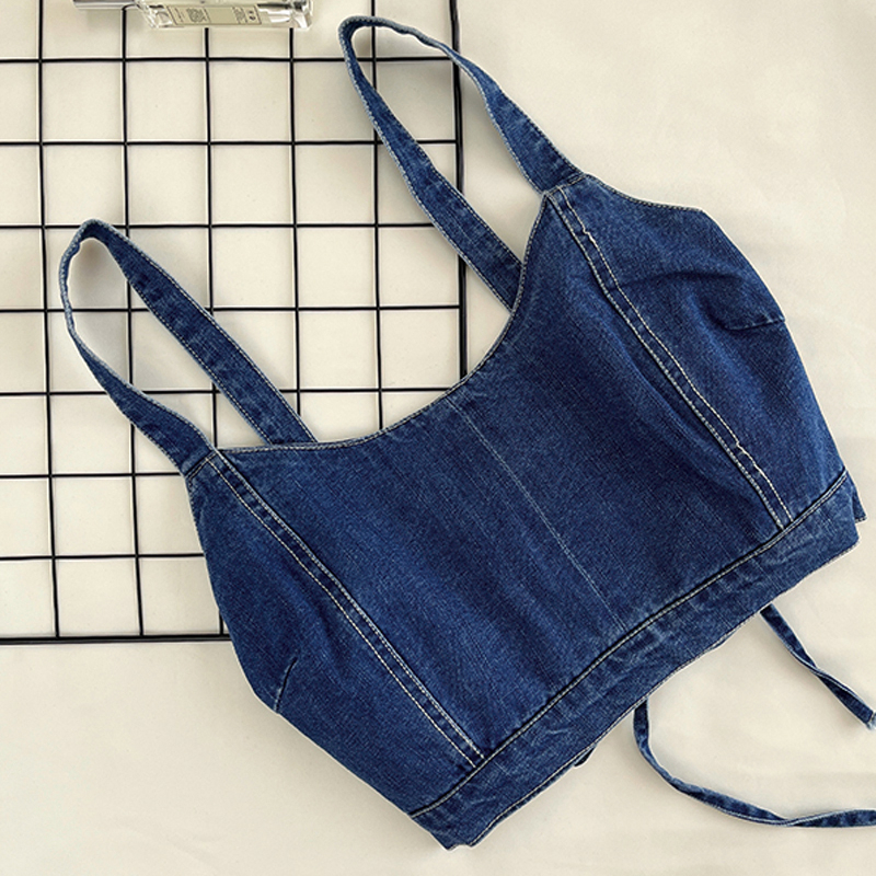 Design sense sling women's 2023 summer new denim leaking umbilical wear slim fit all-match thin short vest