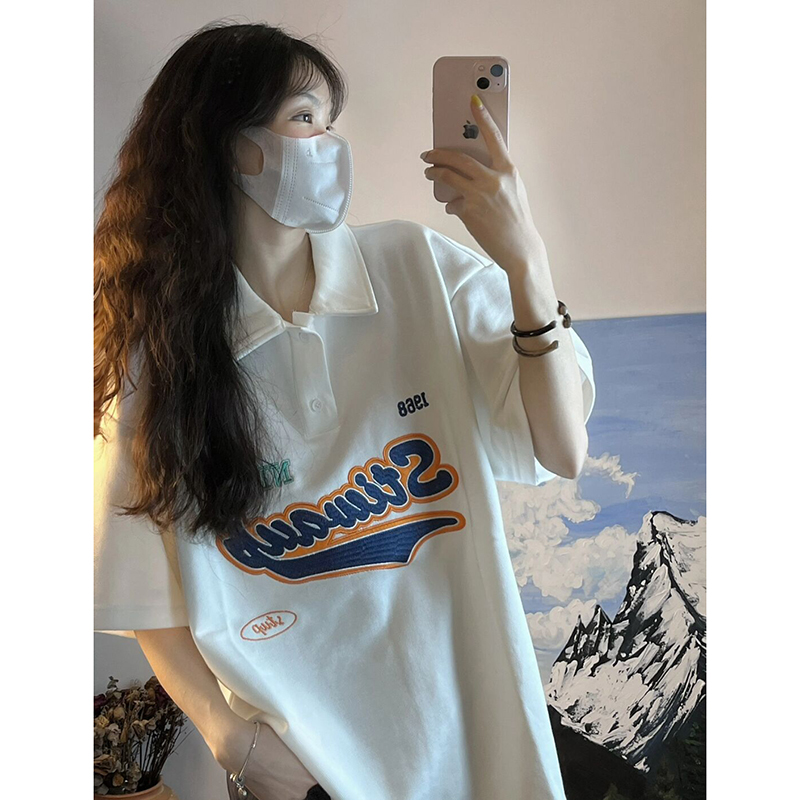 Embroidery American retro polo shirt short-sleeved t-shirt women's pure cotton 2023 new niche design half-sleeved top