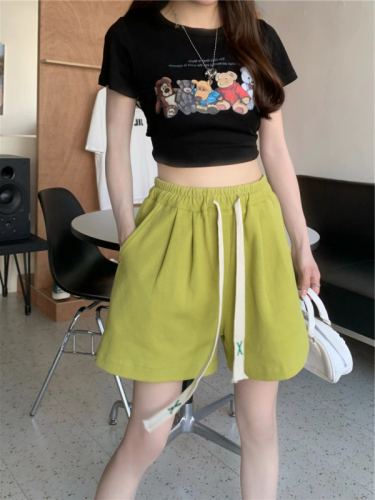 Elastic waist outerwear sports wide-leg shorts female summer Korean version  new high waist solid color casual pants