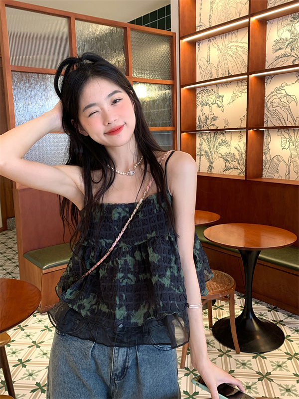 Real shot and real price Summer retro tie-dye suspender pleated double-layer sweet top for women