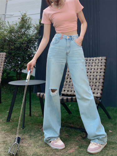 Real shot Light blue high-waisted wide-leg jeans women's spring and summer loose drape all-match straight-leg mopping pants