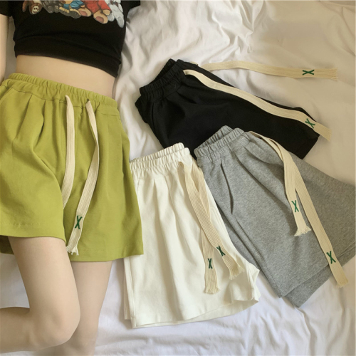 Elastic waist outerwear sports wide-leg shorts female summer Korean version  new high waist solid color casual pants