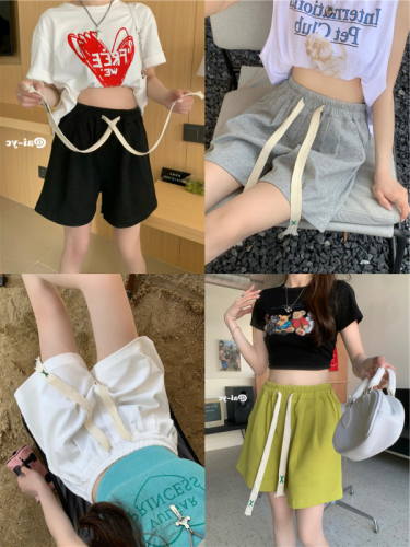 Elastic waist outerwear sports wide-leg shorts female summer Korean version  new high waist solid color casual pants