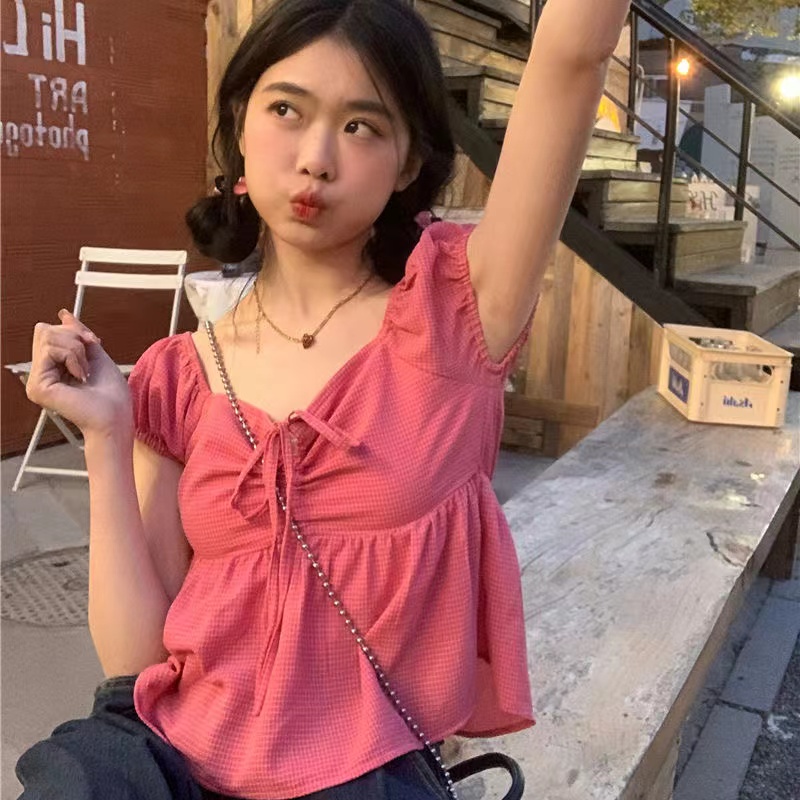 Zhizhi Strawberry Sweet Line Pink Sweater Design Sense of Girls Waist All-Match Tops for Women