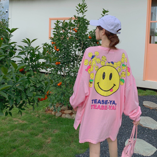 Real shot-thin pullover sunscreen long-sleeved t-shirt women's summer loose mid-length smiley face round neck top