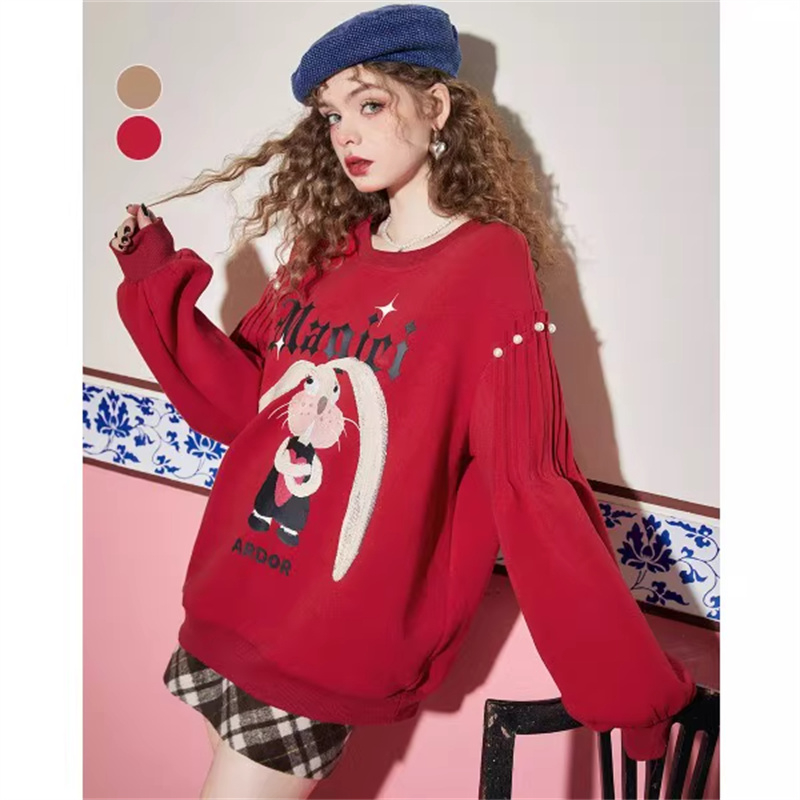 Rabbit Printed Round Neck Sweater Women's Loose All-Match Casual Capless Thin Tops