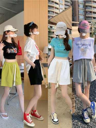 Elastic waist outerwear sports wide-leg shorts female summer Korean version  new high waist solid color casual pants