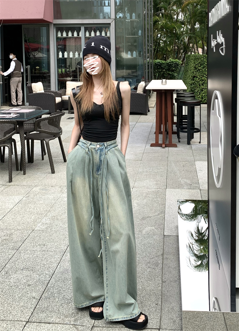 The new Korean version of the hot girl niche all-match thin solid color casual horn temperament denim trousers