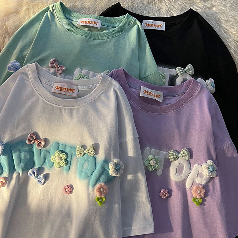6535 cotton summer loose round neck top new short-sleeved t-shirt female foam print + decorative flowers