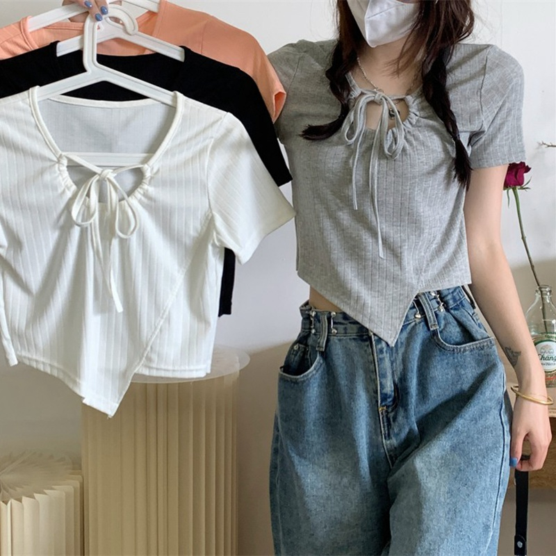 Rainbow Stripe 30% Cotton 60% Polyester 5% Spandex Korean Style Irregular Strap Front Shoulder Short Sleeves