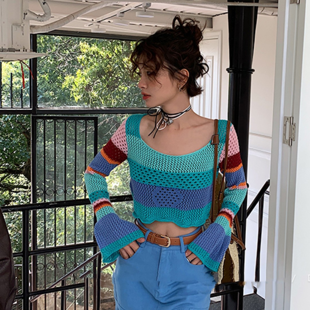 Korean version trumpet sleeve striped hollow knitted top women's 2023 spring and summer new short section exposed navel sunscreen shirt