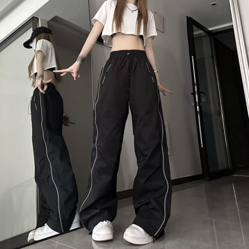 Real shot#American style high street zipper splicing pants female 2023 summer new loose design sense straight casual pants